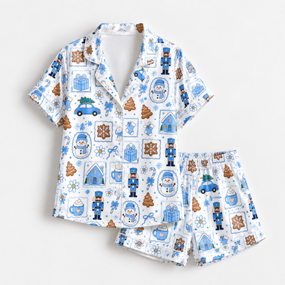 PJ-1954-Christmas Pajama Set, Blue Nutcracker Holiday Pajamas, Gingerbread Gift Winter Sleepwear, Festive Christmas Morning PJs