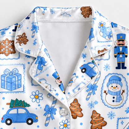 PJ-1954-Christmas Pajama Set, Blue Nutcracker Holiday Pajamas, Gingerbread Gift Winter Sleepwear, Festive Christmas Morning PJs