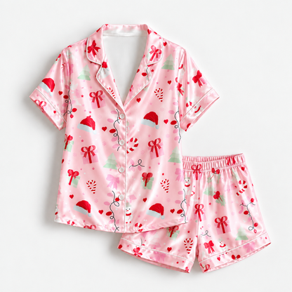 PJ-1955-Christmas Pajama Set, Pink Holiday Bow Pajamas, Santa Hat Candy Cane Sleepwear, Girly Festive Christmas Winter PJs