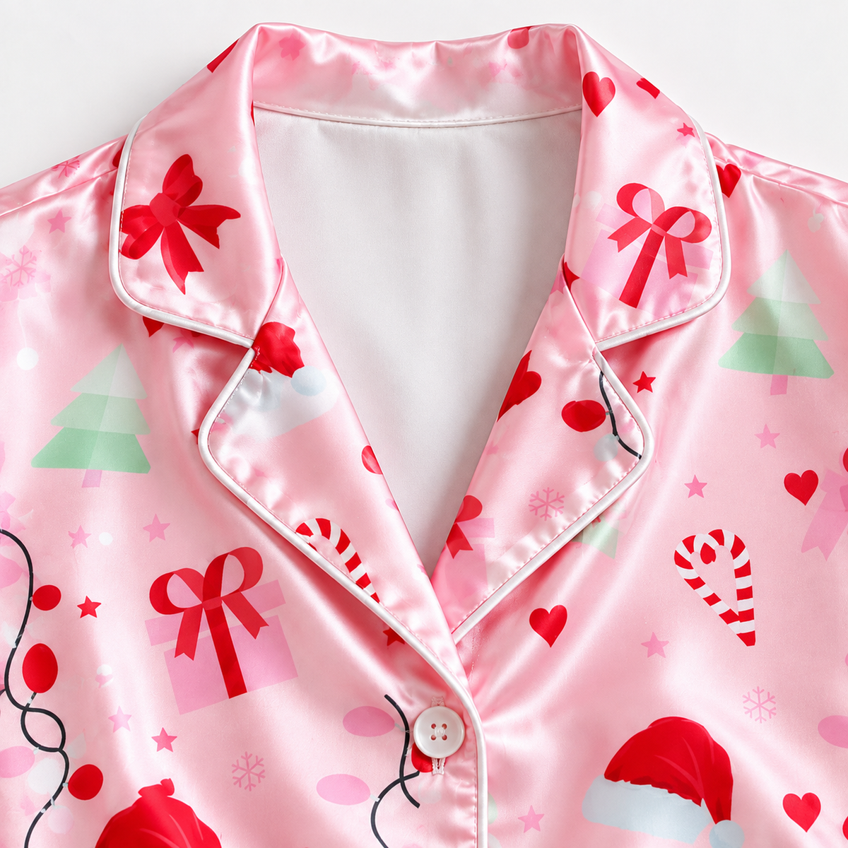 PJ-1955-Christmas Pajama Set, Pink Holiday Bow Pajamas, Santa Hat Candy Cane Sleepwear, Girly Festive Christmas Winter PJs