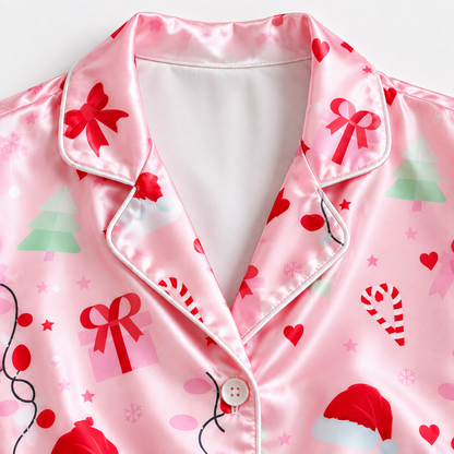 PJ-1955-Christmas Pajama Set, Pink Holiday Bow Pajamas, Santa Hat Candy Cane Sleepwear, Girly Festive Christmas Winter PJs