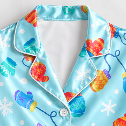 PJ-1956-Christmas Pajama Set, Colorful Winter Mitten Pajamas, Snowflake Holiday Sleepwear, Bright Festive Winter Christmas PJs