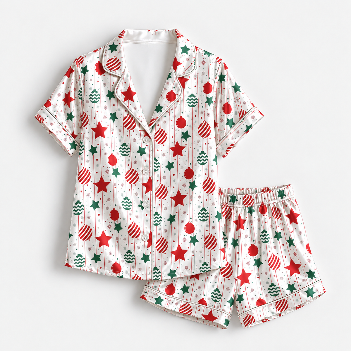 PJ-1957-Christmas Ornament Satin Pajama Set, Red Green Stars Festive Holiday Cozy Sleepwear