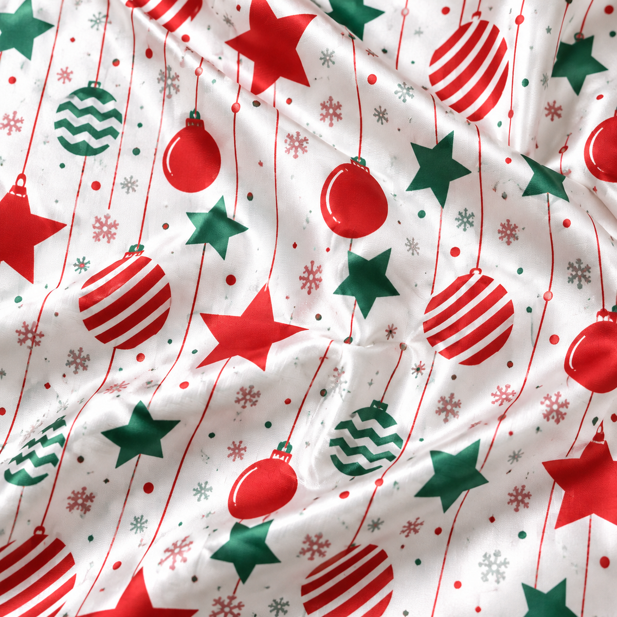 PJ-1957-Christmas Ornament Satin Pajama Set, Red Green Stars Festive Holiday Cozy Sleepwear