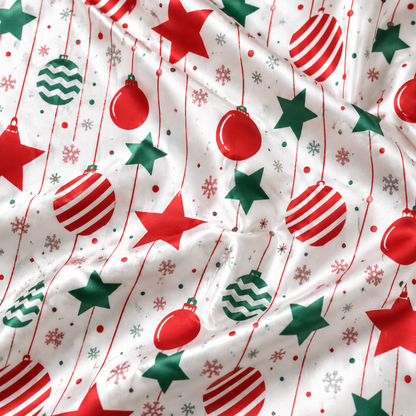 PJ-1957-Christmas Ornament Satin Pajama Set, Red Green Stars Festive Holiday Cozy Sleepwear