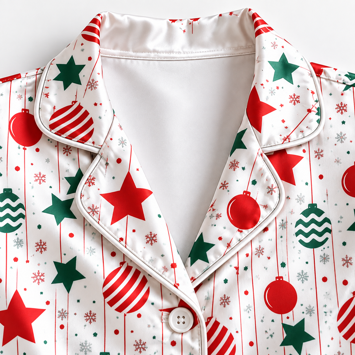PJ-1957-Christmas Ornament Satin Pajama Set, Red Green Stars Festive Holiday Cozy Sleepwear