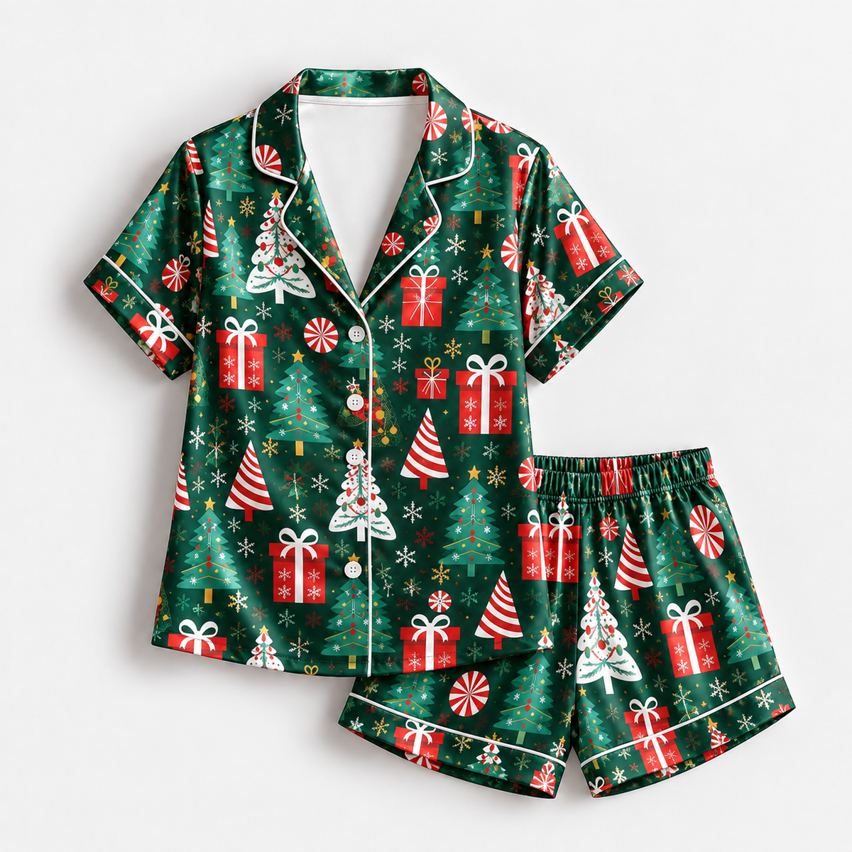 PJ-1958-Christmas Tree Satin Pajama Set, Gift Candy Cane Snowflake Festive Holiday Sleepwear