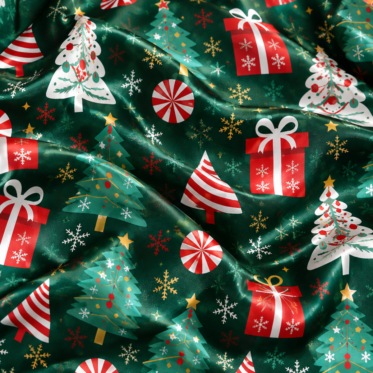 PJ-1958-Christmas Tree Satin Pajama Set, Gift Candy Cane Snowflake Festive Holiday Sleepwear
