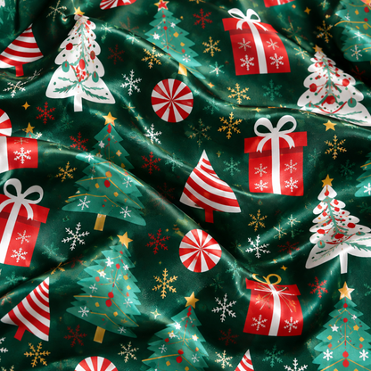 PJ-1958-Christmas Tree Satin Pajama Set, Gift Candy Cane Snowflake Festive Holiday Sleepwear
