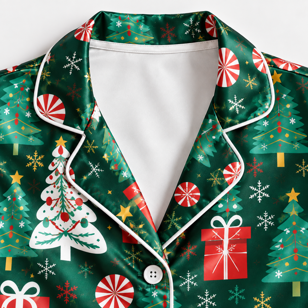 PJ-1958-Christmas Tree Satin Pajama Set, Gift Candy Cane Snowflake Festive Holiday Sleepwear