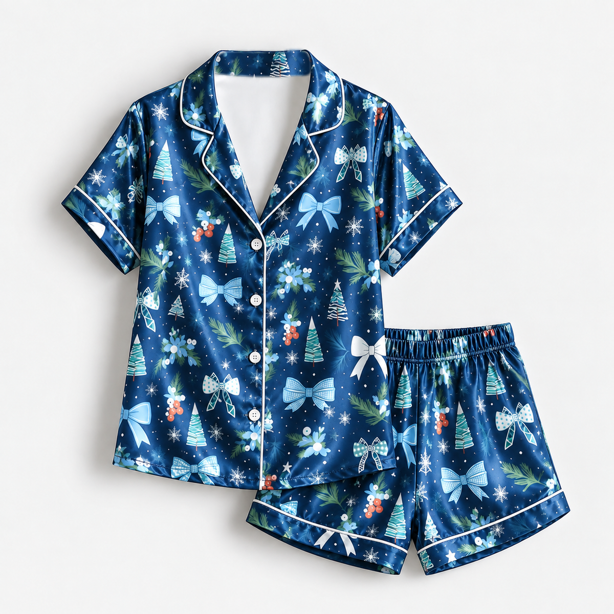 PJ-1959-Blue Christmas Bow Satin Pajama Set, Snowflake Tree Winter Festive Holiday Sleepwear