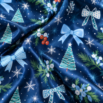 PJ-1959-Blue Christmas Bow Satin Pajama Set, Snowflake Tree Winter Festive Holiday Sleepwear