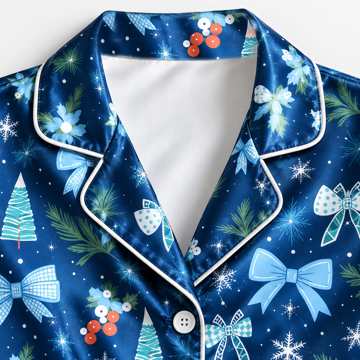 PJ-1959-Blue Christmas Bow Satin Pajama Set, Snowflake Tree Winter Festive Holiday Sleepwear