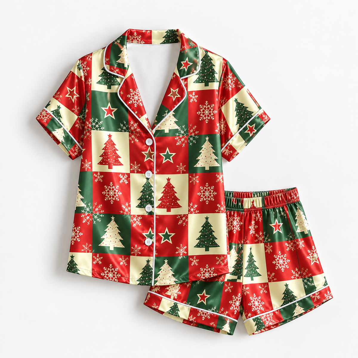 PJ-1960-Vintage Christmas Tree Satin Pajama Set, Red Green Plaid Snowflake Festive Holiday Sleepwear