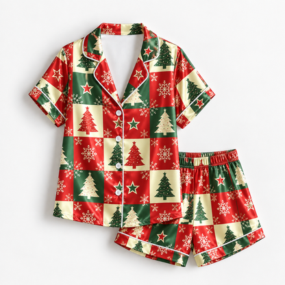 PJ-1960-Vintage Christmas Tree Satin Pajama Set, Red Green Plaid Snowflake Festive Holiday Sleepwear
