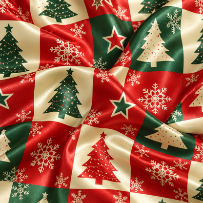 PJ-1960-Vintage Christmas Tree Satin Pajama Set, Red Green Plaid Snowflake Festive Holiday Sleepwear
