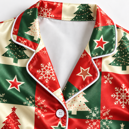 PJ-1960-Vintage Christmas Tree Satin Pajama Set, Red Green Plaid Snowflake Festive Holiday Sleepwear
