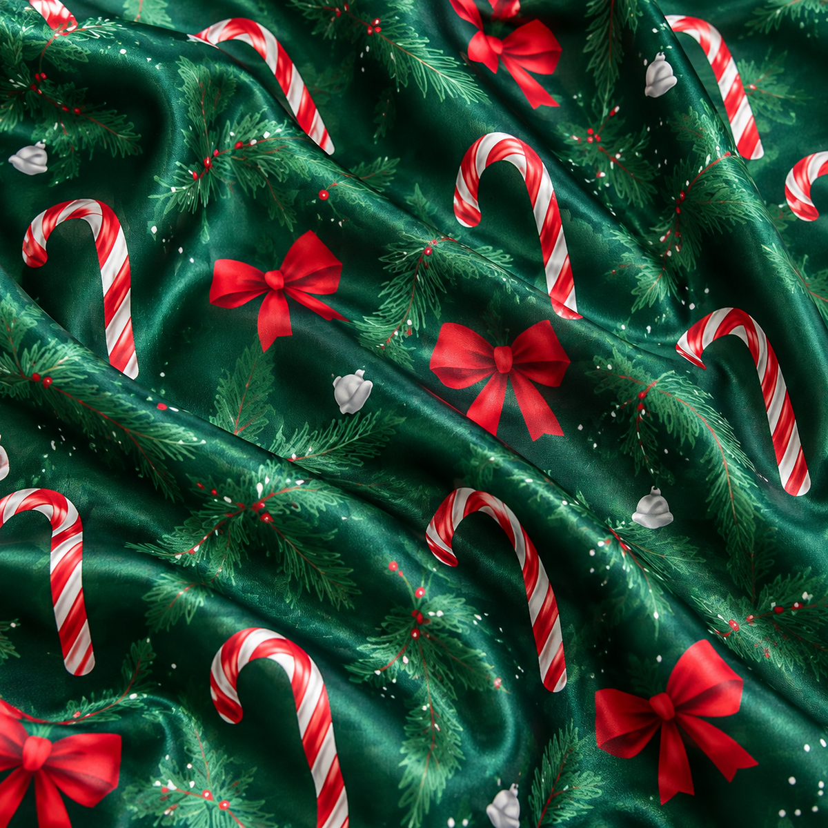 PJ-1962-Candy Cane Bow Christmas Satin Pajama Set, Green Red Festive Holiday Sleepwear