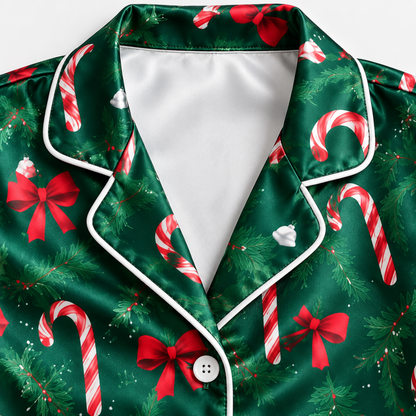 PJ-1962-Candy Cane Bow Christmas Satin Pajama Set, Green Red Festive Holiday Sleepwear