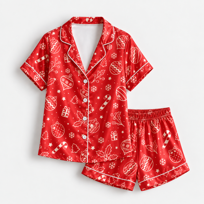 PJ-1963-Red Christmas Ornament Satin Pajama Set, Candy Cane Snowflake Festive Holiday Sleepwear