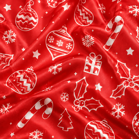 PJ-1963-Red Christmas Ornament Satin Pajama Set, Candy Cane Snowflake Festive Holiday Sleepwear
