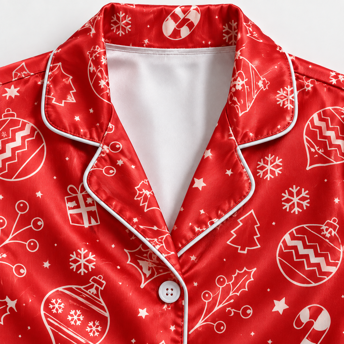 PJ-1963-Red Christmas Ornament Satin Pajama Set, Candy Cane Snowflake Festive Holiday Sleepwear