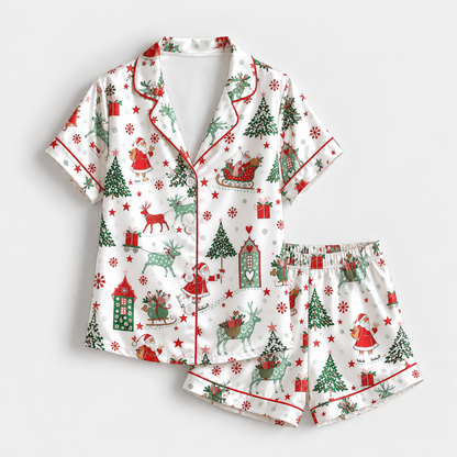 PJ-1964-Santa Reindeer Christmas Satin Pajama Set, Tree Gift Snowflake Festive Holiday Sleepwear