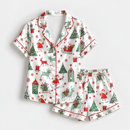 PJ-1964-Santa Reindeer Christmas Satin Pajama Set, Tree Gift Snowflake Festive Holiday Sleepwear