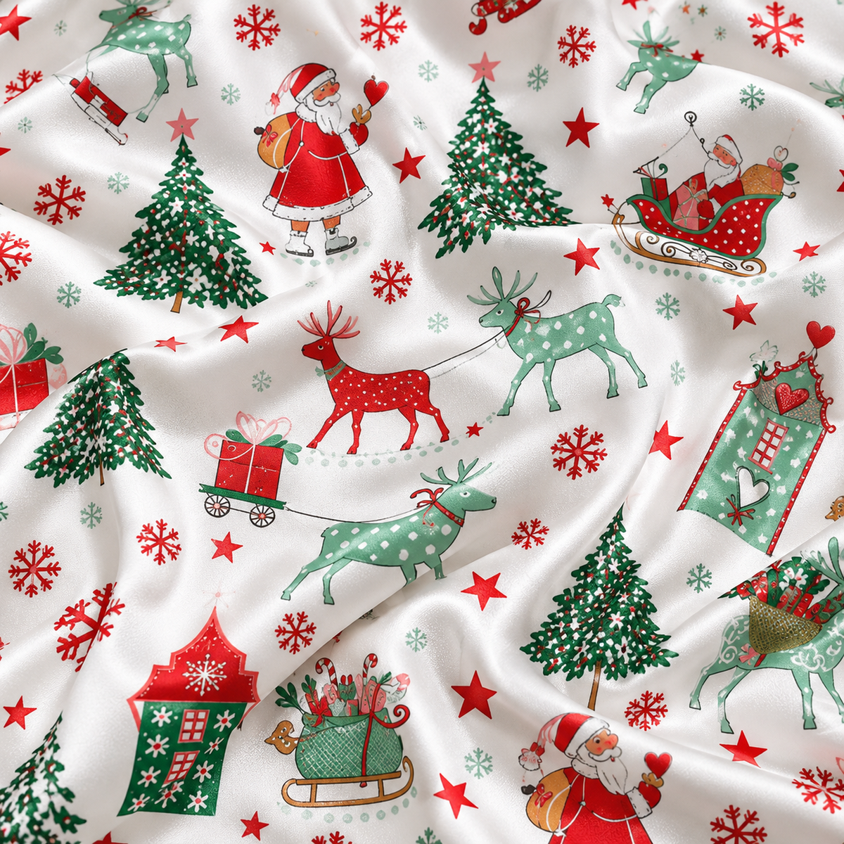 PJ-1964-Santa Reindeer Christmas Satin Pajama Set, Tree Gift Snowflake Festive Holiday Sleepwear