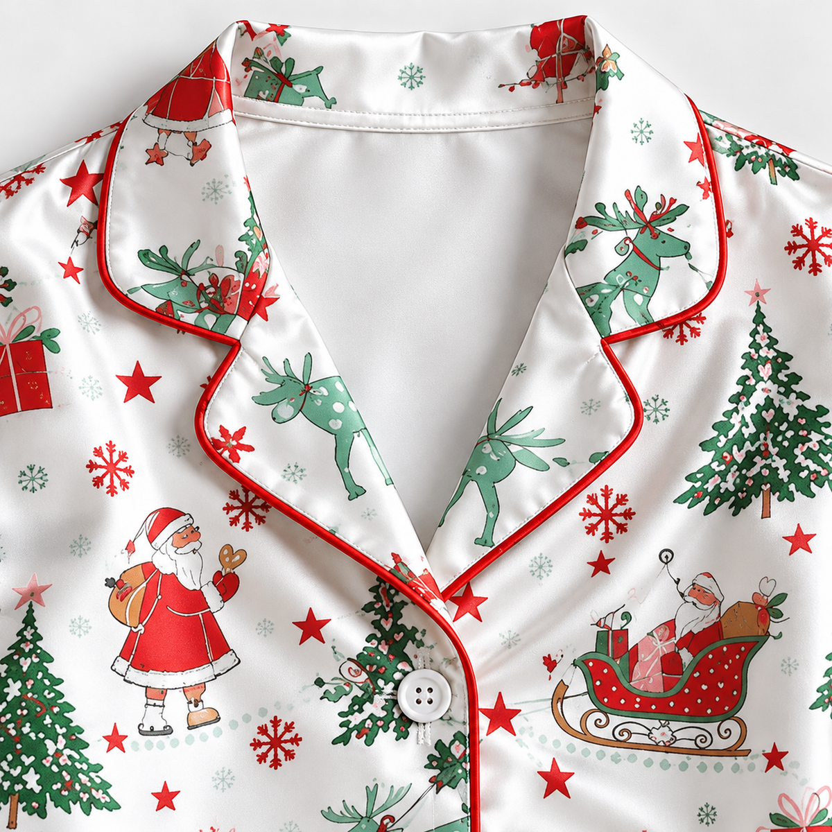 PJ-1964-Santa Reindeer Christmas Satin Pajama Set, Tree Gift Snowflake Festive Holiday Sleepwear