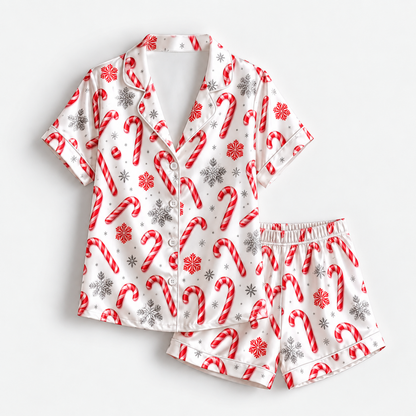 PJ-1965-Candy Cane Christmas Satin Pajama Set, Snowflake Red White Festive Holiday Sleepwear