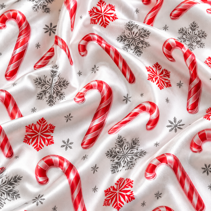 PJ-1965-Candy Cane Christmas Satin Pajama Set, Snowflake Red White Festive Holiday Sleepwear