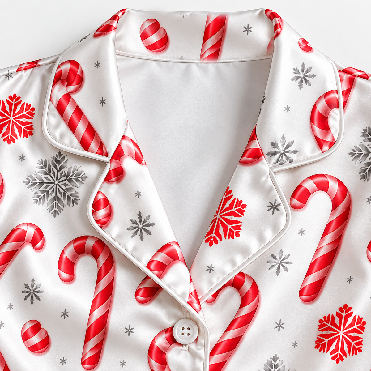 PJ-1965-Candy Cane Christmas Satin Pajama Set, Snowflake Red White Festive Holiday Sleepwear