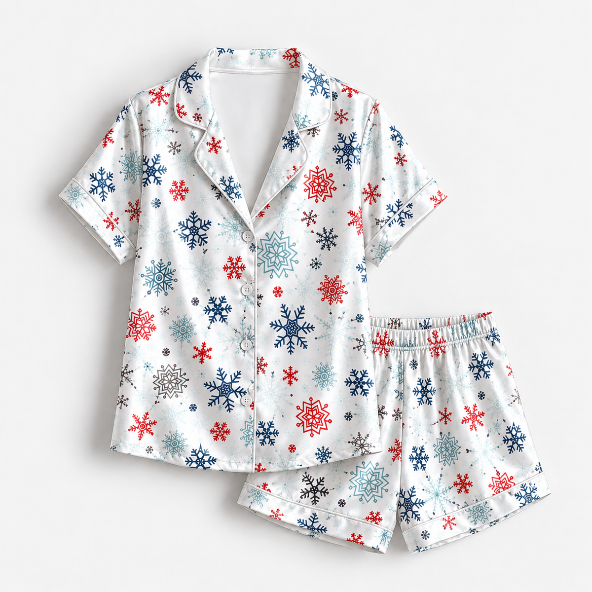 PJ-1966-Snowflake Winter Satin Pajama Set, Red Blue Frosty Snow Cozy Holiday Sleepwear