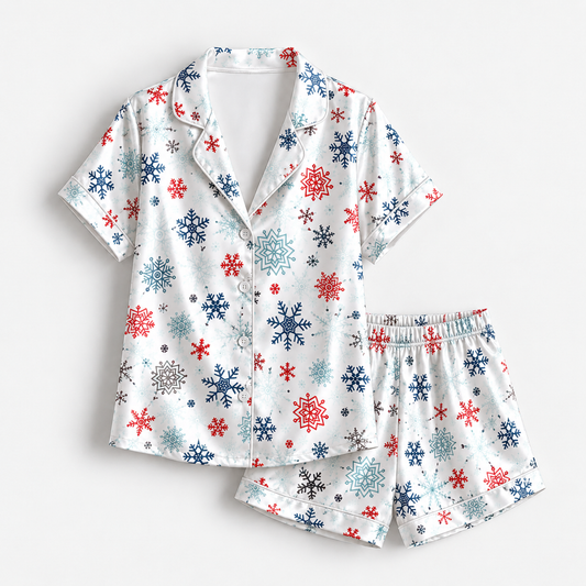 PJ-1966-Snowflake Winter Satin Pajama Set, Red Blue Frosty Snow Cozy Holiday Sleepwear