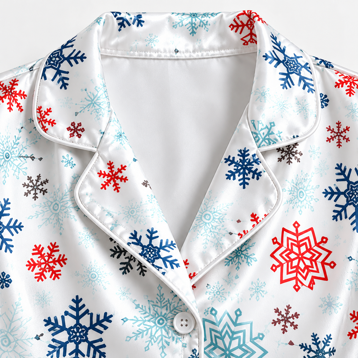PJ-1966-Snowflake Winter Satin Pajama Set, Red Blue Frosty Snow Cozy Holiday Sleepwear