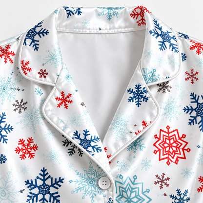 PJ-1966-Snowflake Winter Satin Pajama Set, Red Blue Frosty Snow Cozy Holiday Sleepwear