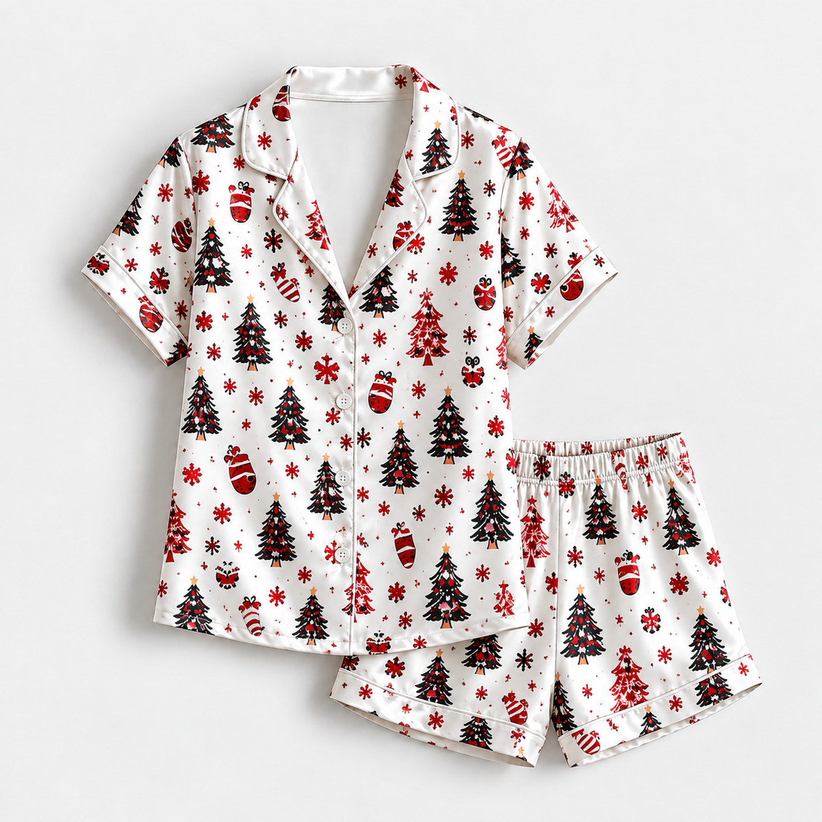 PJ-1967-Christmas Tree Satin Pajama Set, Santa Snowflake Red White Festive Holiday Sleepwear