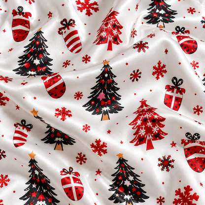 PJ-1967-Christmas Tree Satin Pajama Set, Santa Snowflake Red White Festive Holiday Sleepwear