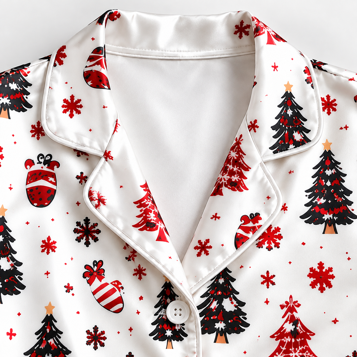 PJ-1967-Christmas Tree Satin Pajama Set, Santa Snowflake Red White Festive Holiday Sleepwear