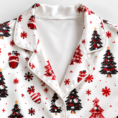 PJ-1967-Christmas Tree Satin Pajama Set, Santa Snowflake Red White Festive Holiday Sleepwear