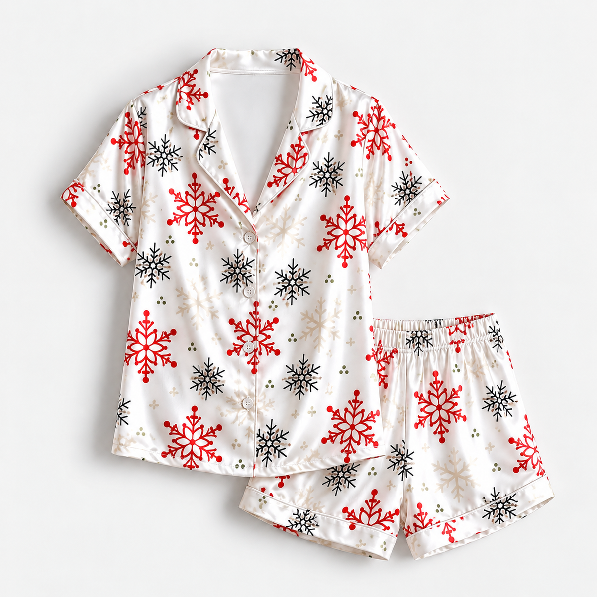 PJ-1968-Snowflake Winter Satin Pajama Set, Red Black Frosty Snow Cozy Holiday Sleepwear