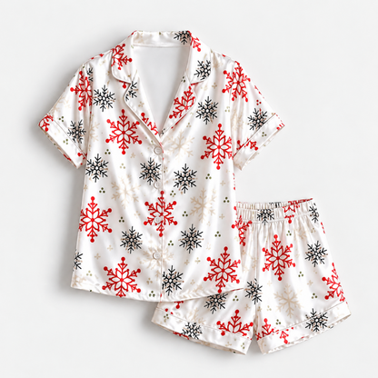 PJ-1968-Snowflake Winter Satin Pajama Set, Red Black Frosty Snow Cozy Holiday Sleepwear