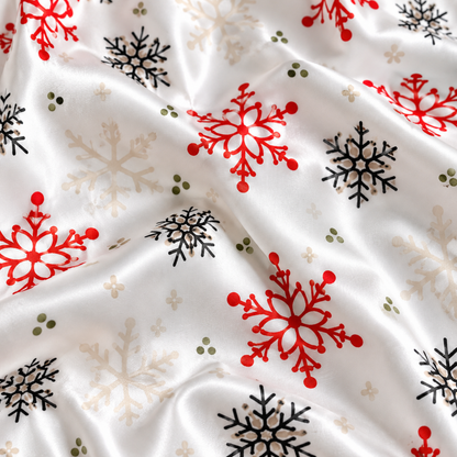 PJ-1968-Snowflake Winter Satin Pajama Set, Red Black Frosty Snow Cozy Holiday Sleepwear