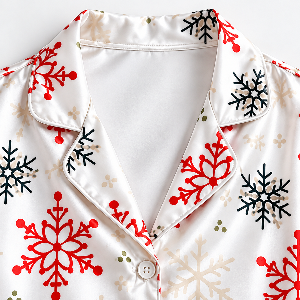 PJ-1968-Snowflake Winter Satin Pajama Set, Red Black Frosty Snow Cozy Holiday Sleepwear