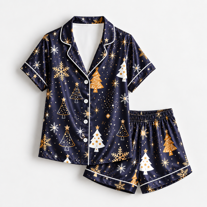 PJ-1969-Navy Christmas Tree Satin Pajama Set, Gold Snowflake Star Festive Holiday Sleepwear
