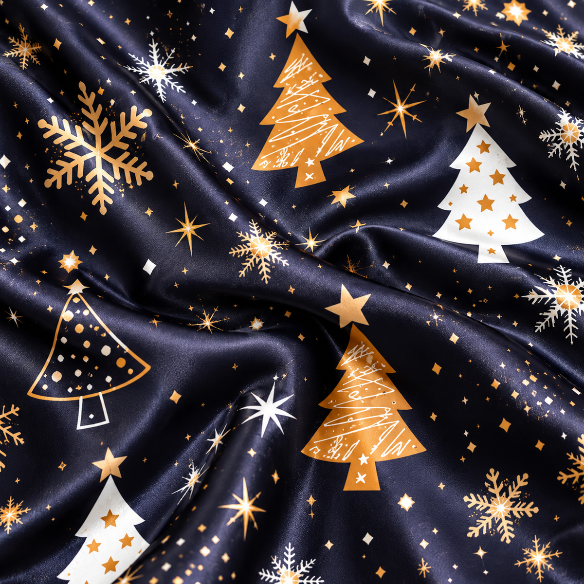 PJ-1969-Navy Christmas Tree Satin Pajama Set, Gold Snowflake Star Festive Holiday Sleepwear