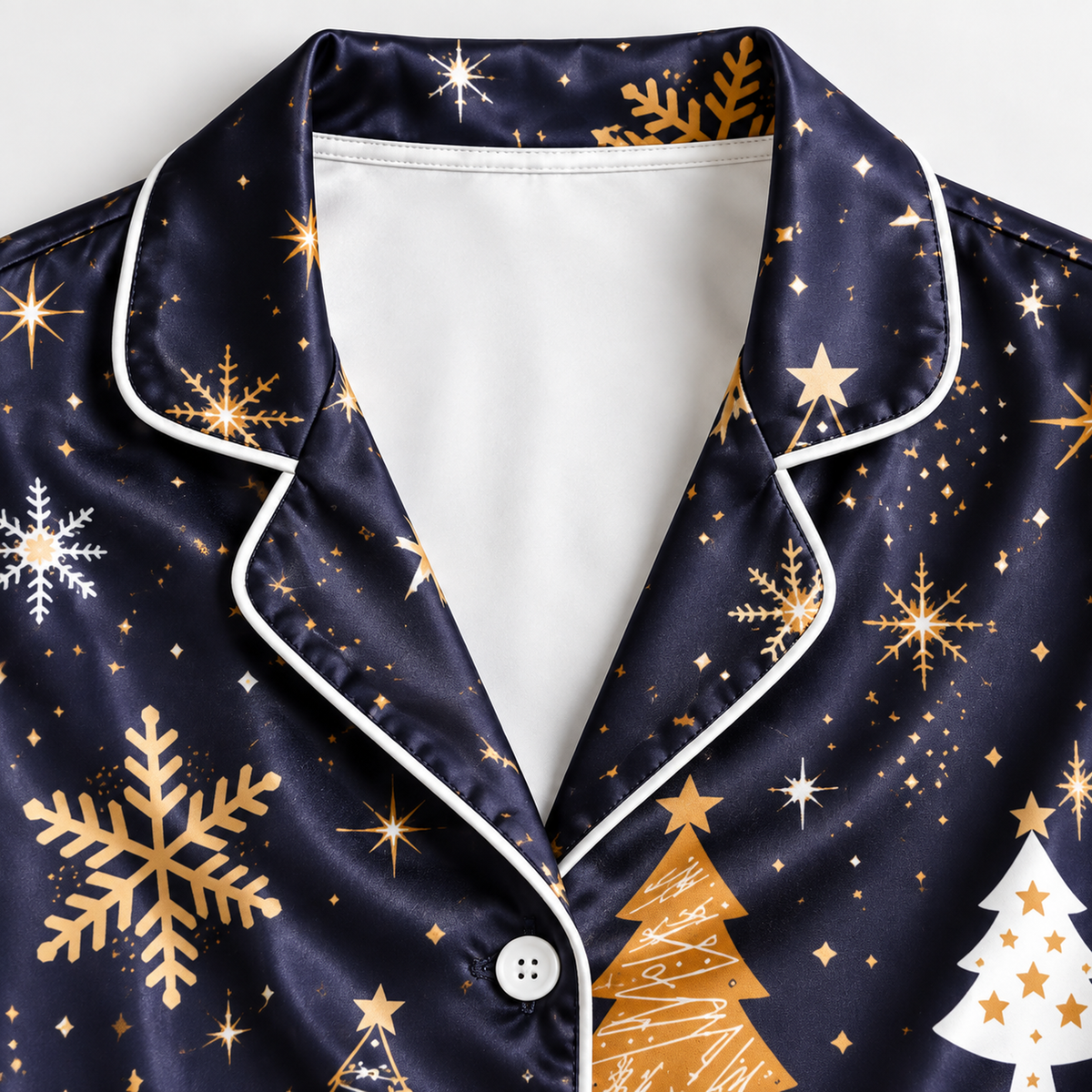 PJ-1969-Navy Christmas Tree Satin Pajama Set, Gold Snowflake Star Festive Holiday Sleepwear