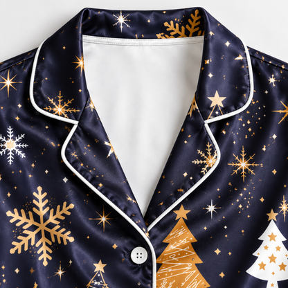 PJ-1969-Navy Christmas Tree Satin Pajama Set, Gold Snowflake Star Festive Holiday Sleepwear