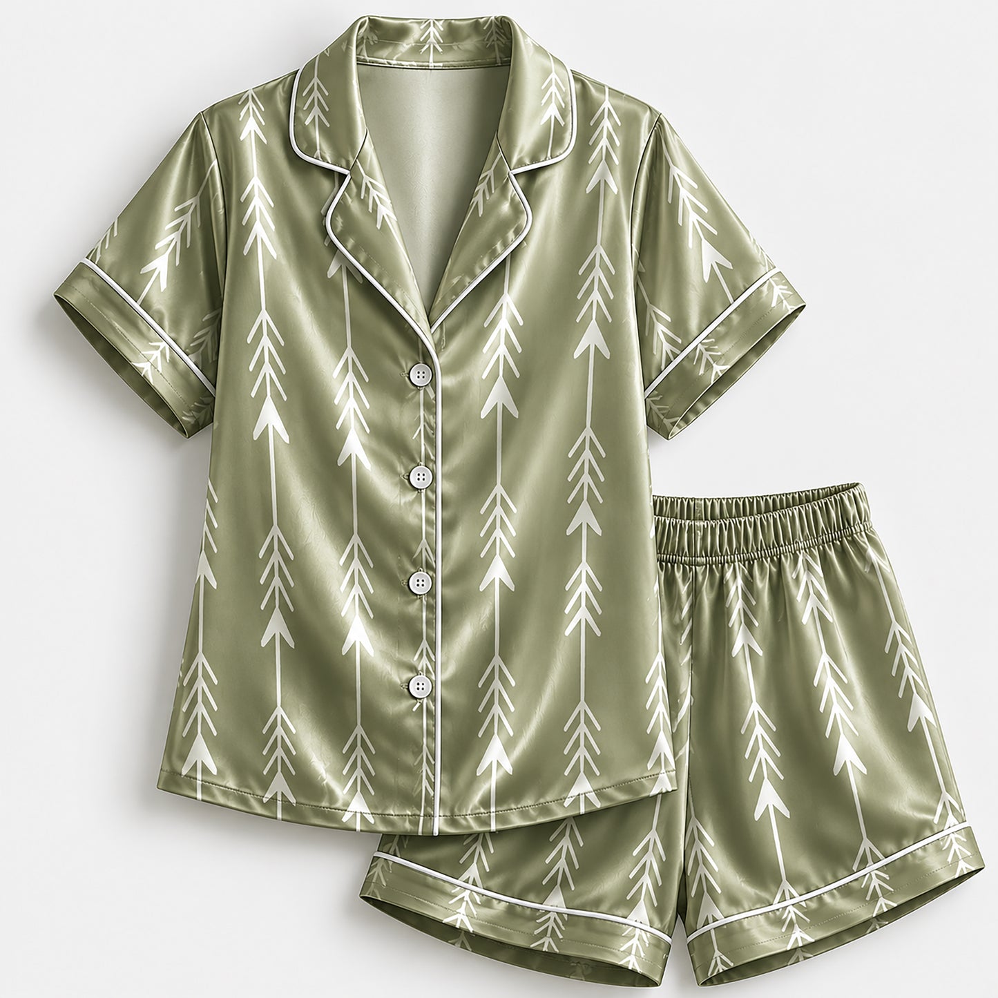 PJ-197-Unisex Satin Pajama Set with Sage Green Arrow Print Button Down Sleepwear Shirt and Pants FREE SHIPING